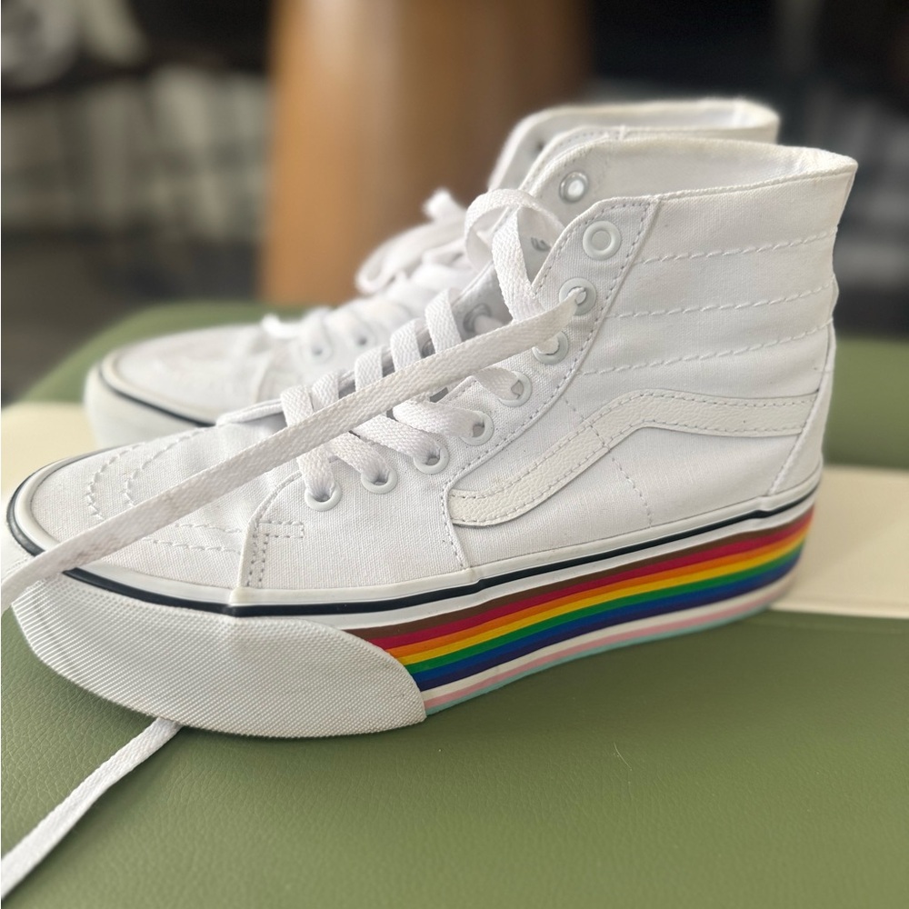 Vans White SK8 High-Top Sneakers platform Rainbow Stripe “pride”